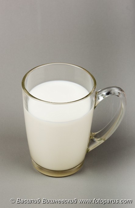 2010_0201Milk1537.jpg - Transparent glass mug with milk on a grey background.